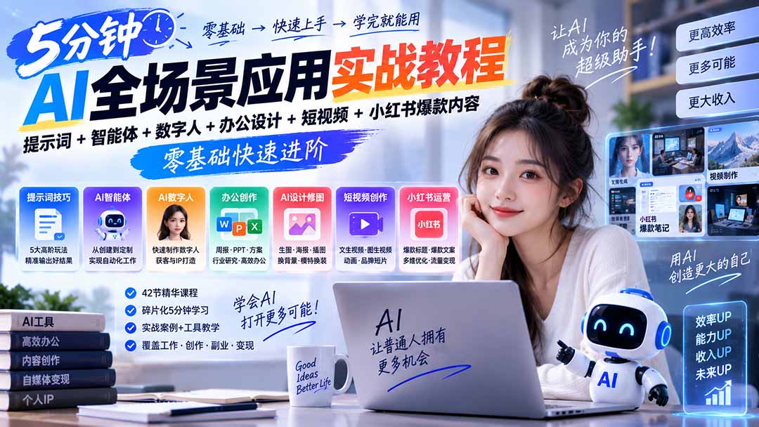 (20493期)AI全场景应用实战教程|提示词+智能体+数字人+办公设计+短视频+小红书爆款内容,零基础快速进阶