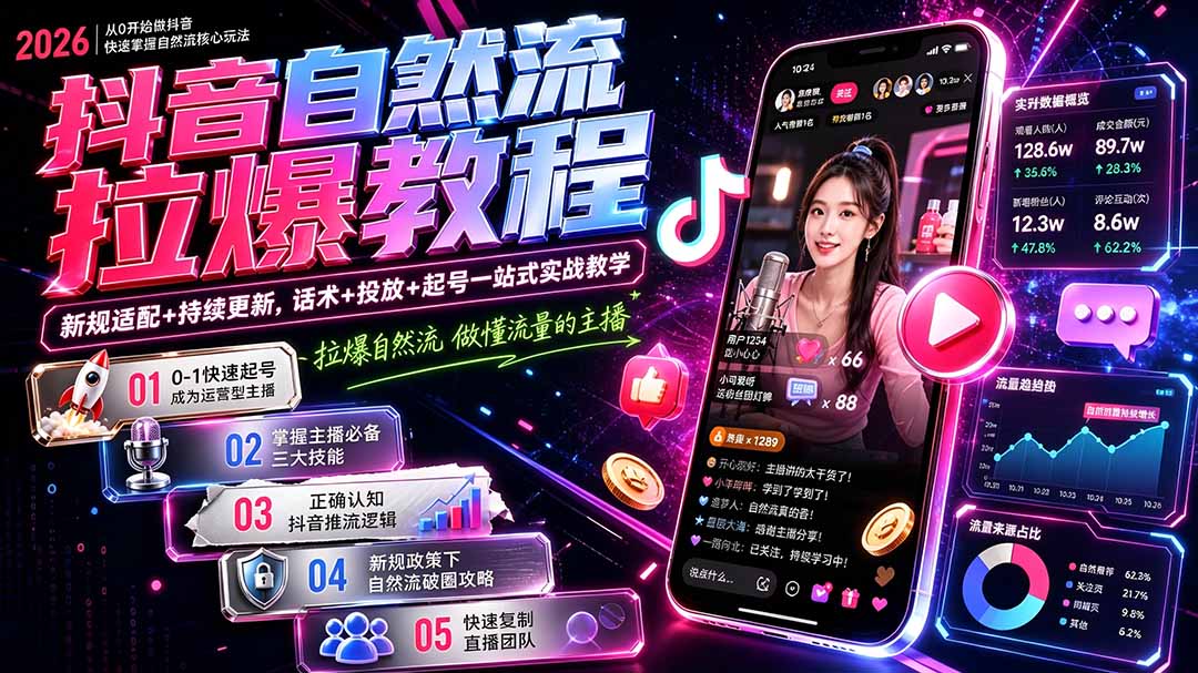 （20279期）抖音自然流拉爆教程-更新：做懂流量的主播，新规适配+持续更新，话术+投放+起号一站式实战教学
