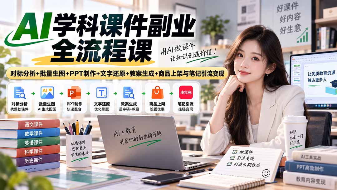（20469期）AI学科课件副业全流程课｜对标分析+批量生图+PPT制作+文字还原+教案生成+商品上架与笔记引流变现