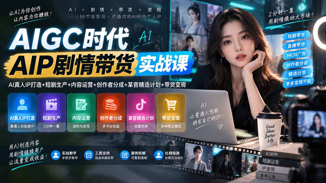 (20567期)AIGC时代AI剧情带货实战课|AI真人IP打造+短剧生产+内容运营+创作者分成、某音精选计划+带货变现
