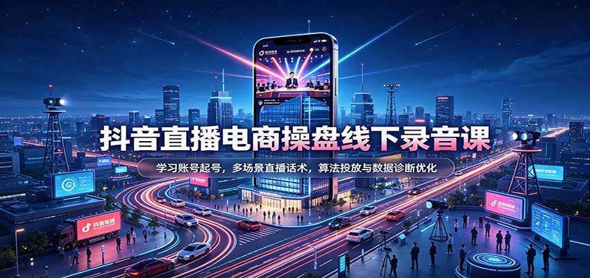 抖音直播电商操盘线下录音课:学习账号起号,多场景直播话术,算法投放与数据诊断优化