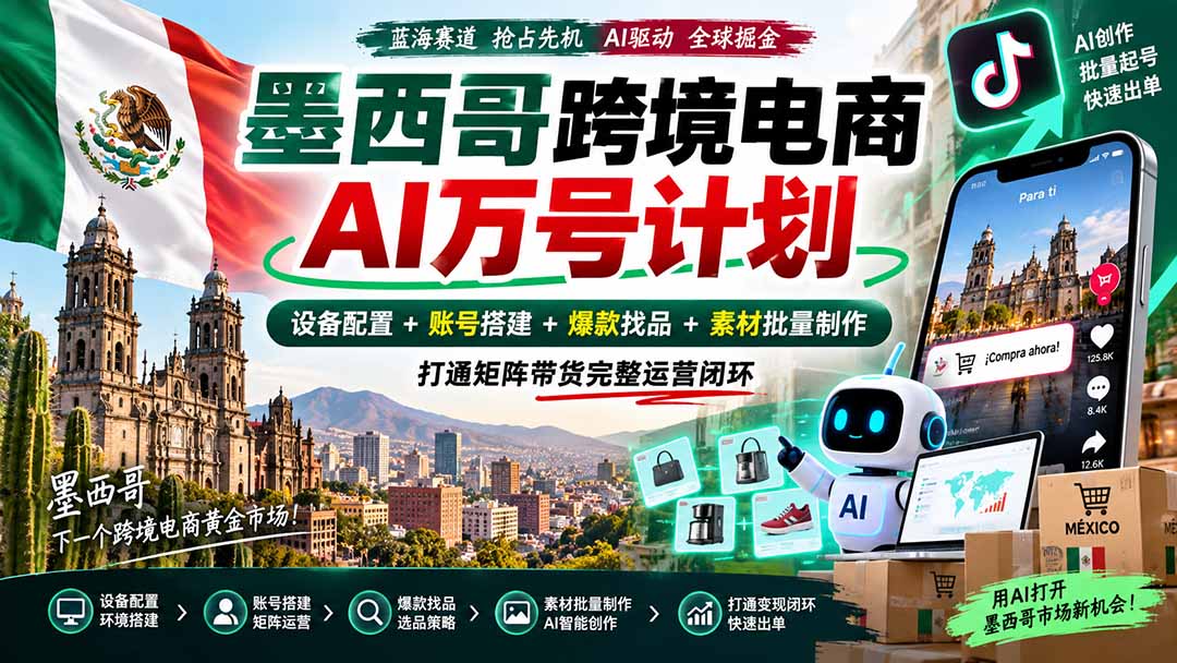 （20500期）墨西哥AI跨境电商万号计划｜设备配置+账号搭建+爆款找品+素材批量制作，打通矩阵带货完整运营闭环