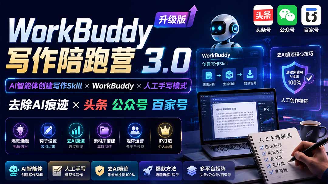 （20311期）WorkBuddy写作陪跑营3.0-更新：Ai智能体创建写作Skill×WorkBuddy×人工手写模式×去除AI痕迹×头条公众号百家号