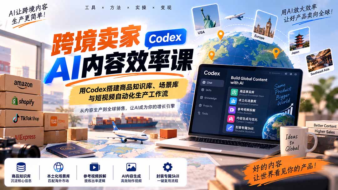 (20595期)跨境卖家AI内容效率课:用Codex搭建商品知识库、场景库与短视频自动化生产工作流