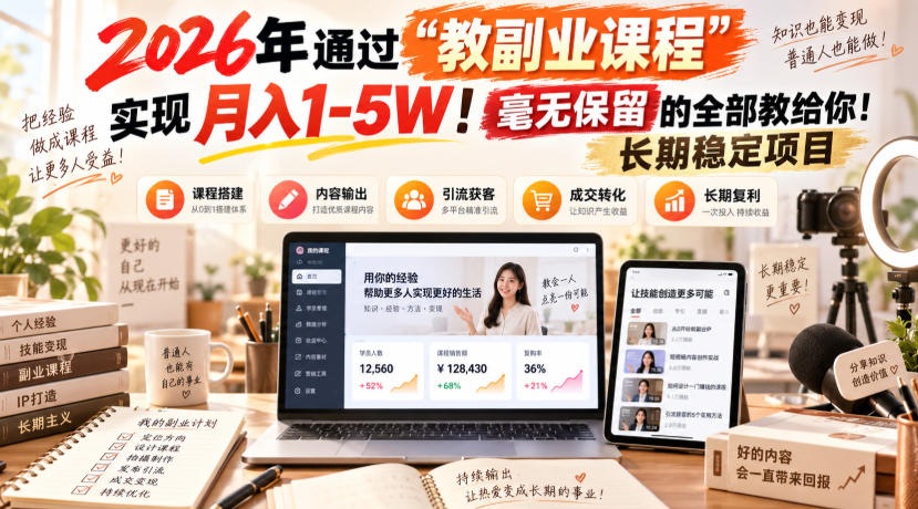（20468期）2026年通过“教副业课程”实现月入1-5W！毫无保留的全部教给你！长期稳定项目