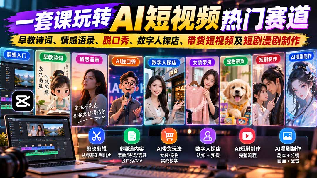 （20964期）一套课玩转AI短视频热门赛道：早教诗词、情感语录、脱口秀、数字人探店、带货短视频及短剧漫剧制作  复制标题