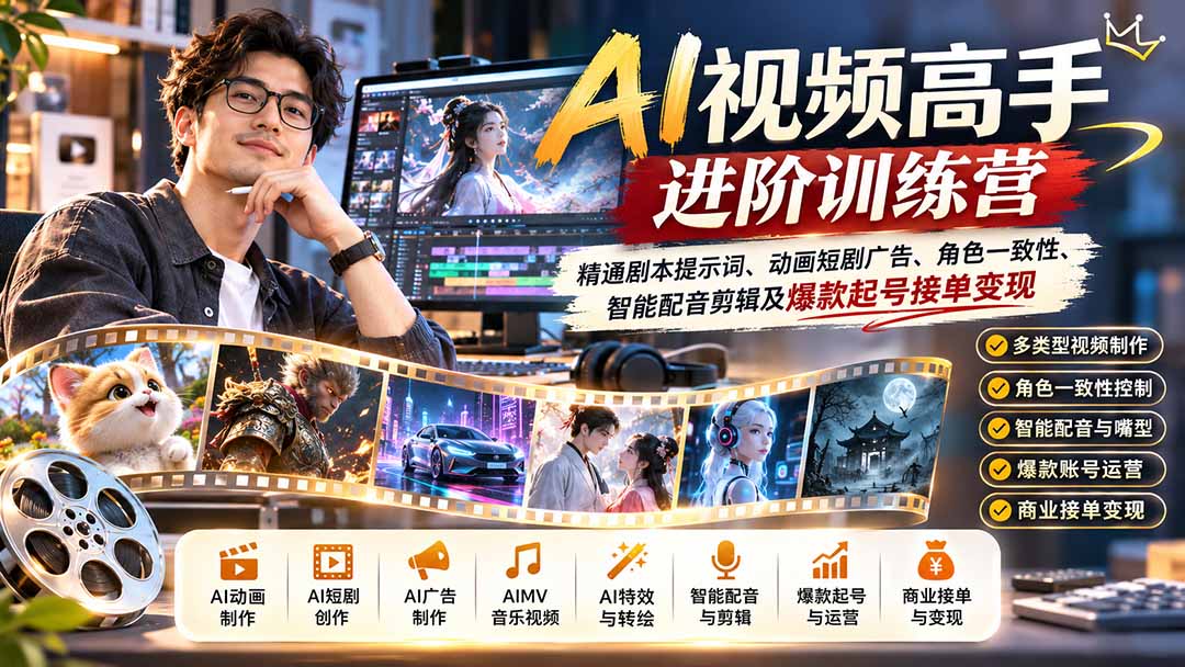(21174期)AI视频高手进阶训练营:精通剧本提示词、动画短剧广告、角色一致性、智能配音剪辑及爆款起号接单变现