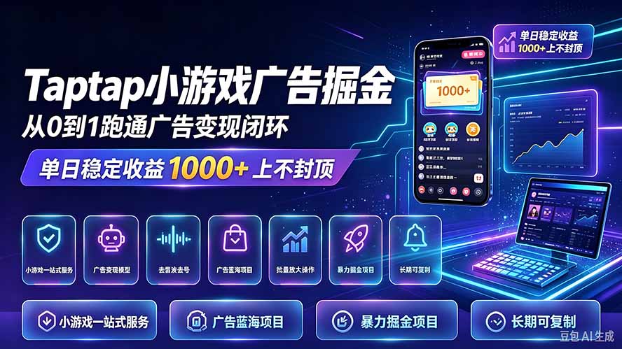 (21263期)TapTap小游戏广告掘金日赚收益1000+上不封顶