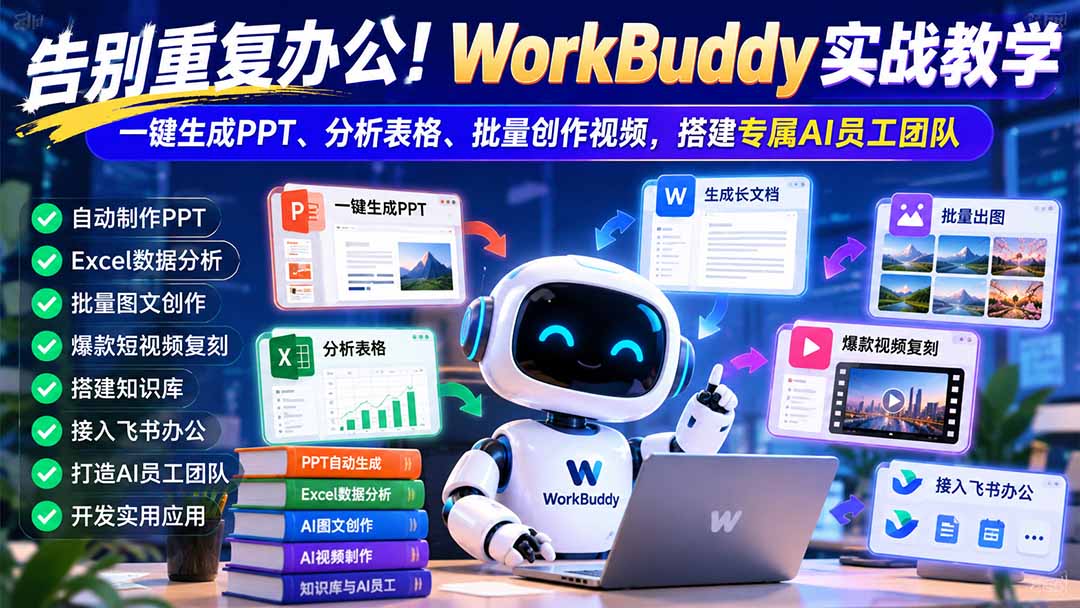（21152期）告别重复办公！WorkBuddy实战教学：一键生成PPT、分析表格、批量创作视频，搭建专属AI员工团队