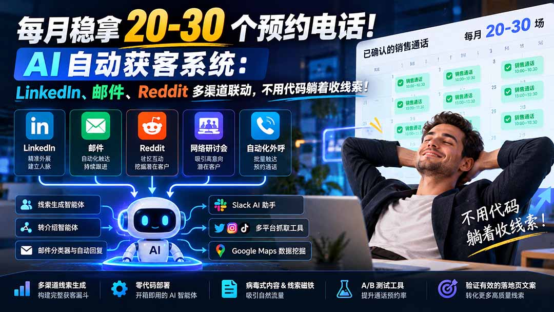 (21164期)每月稳拿 20-30 个预约电话!AI 自动获客系统:LinkedIn、邮件、Reddit 多渠道联动,不用代码躺着收线索!