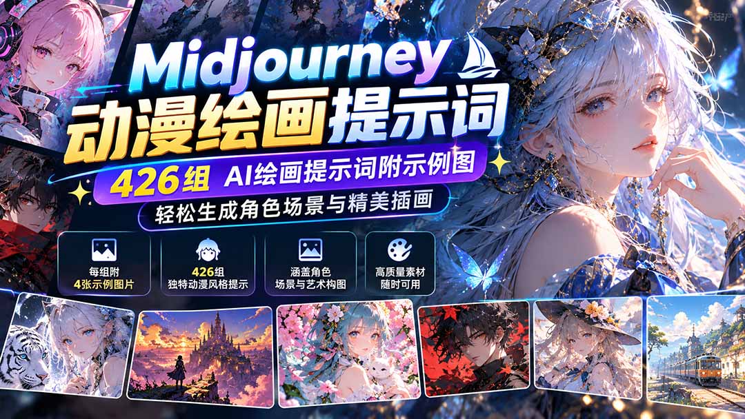 (21239期)Midjourney动漫绘画提示词:426组AI绘画提示词附示例图,轻松生成角色场景与精美插画